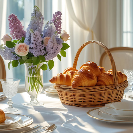 A wicker basket overflowing with freshly baked croissants is the centerpiece of this table setting. A vase of vibrant lilac and soft pink roses adds a touch of floral elegance. Crystal glasses and plates are neatly arranged on a white tablecloth, illuminated by gentle sunlight, suggesting a delightful morning meal.の素材