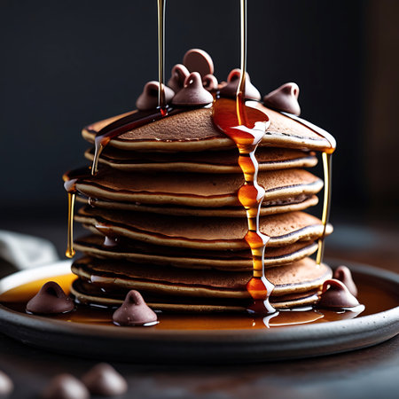 A generous stack of chocolate pancakes is adorned with chocolate chips and a thick, golden syrup that flows down the layers. The syrup creates a glossy, inviting texture. The background is dark and muted, drawing all attention to the delectable dessert.の素材