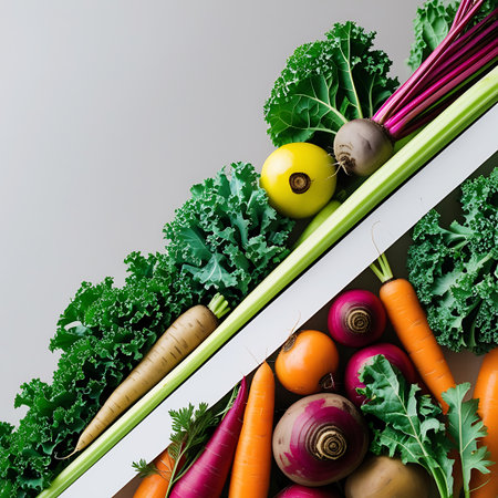 Ingredients showing diagonal arrangement of fresh vegetables on a white surface keywords: kale, carrots, beetroot, celery, yellow tomato, root vegetables, leafy greens, fresh produce, healthy eating, organic, raw, garden, harvest, vibrant colors, natural, food, ingredients, vegetarian, vegan, diagonal composition, studio shot description: a dynamic diagonal composition showcases a variety of fresh vegetables arranged on a white surface with a subtle gray background. curly green kale leaves...の素材