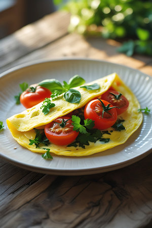 A close-up view of a golden-yellow omelette folded in half on a white plate with a textured rim. The omelette is garnished with halved cherry tomatoes and fresh green parsley. The background features a blurred wooden surface and soft green foliage, suggesting a natural setting.の素材