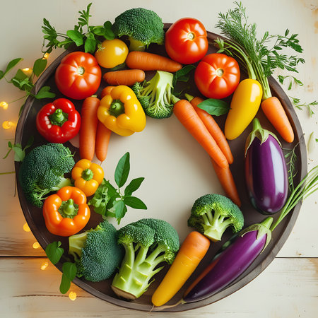 A vibrant collection of fresh vegetables is artfully arranged in a circular pattern on a wooden surface. The assortment includes bright red tomatoes, yellow and red bell peppers, green broccoli florets, orange carrots, and deep purple eggplants. Fresh green herbs and sprigs of dill add a touch of freshness and color to the composition. The arrangement is presented from a top-down perspective, highlighting the variety and freshness of the produce.の素材