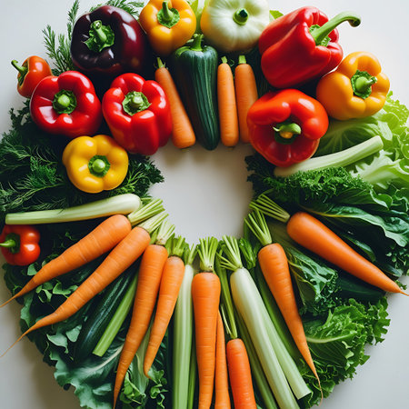 A circular arrangement of fresh vegetables forms a wreath shape on a white background. The composition includes red, yellow, and dark purple bell peppers, bright orange carrots with green tops, dark green cucumbers, and leafy green lettuce and dill. The vegetables are arranged in a visually appealing pattern, showcasing their vibrant colors and textures.の素材
