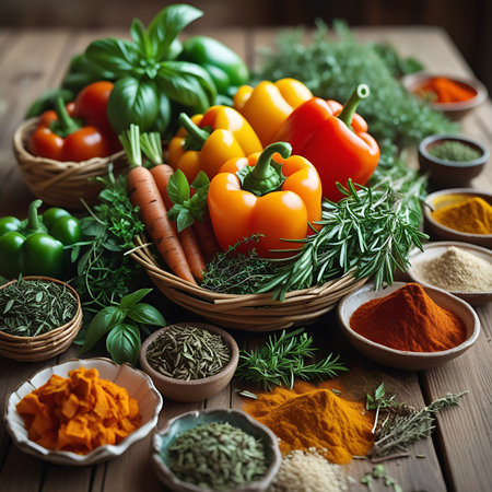Rosemary showing fresh vegetables and spices in rustic bowls on wooden table keywords: vegetables, spices, herbs, bell peppers, carrots, tomatoes, basil, rosemary, thyme, paprika, turmeric, cumin, wooden table, rustic, healthy food, ingredients, cooking, fresh, organic, natural, assortment, bowls description: a close-up view showcases a rustic arrangement of fresh vegetables and an array of spices on a wooden table. colorful bell peppers, carrots, and tomatoes are interspersed with fresh...の素材