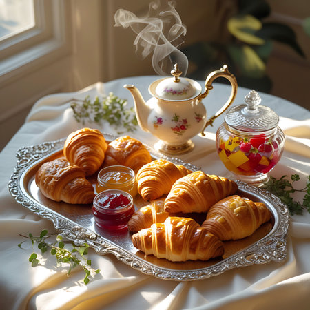 A detailed view of a silver tray filled with an assortment of croissants, a steaming teapot, a cup of tea, and jars of fruit preserves and jam. A decorative glass jar filled with colorful fruit pieces adds a vibrant touch. The scene is bathed in warm sunlight, highlighting the textures of the pastries and the steam rising from the tea.の素材