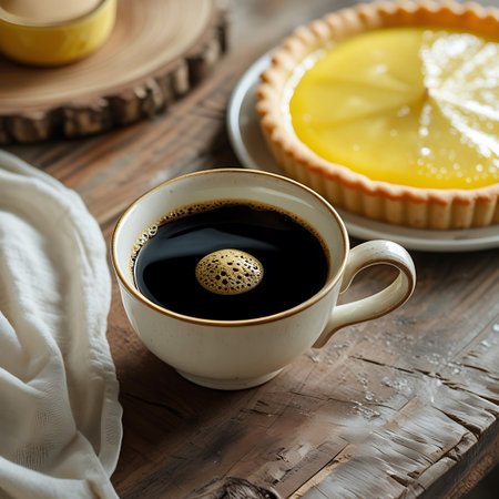 A rustic wooden table serves as the backdrop for a still life composition featuring a cup of black coffee and a slice of lemon tart. The coffee is in a cream-colored mug with a gold rim, showing a frothy surface. The lemon tart has a golden crust and a bright yellow filling. A white linen napkin is draped to the left.の素材