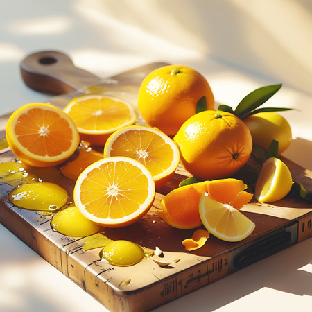 A close-up shot of sliced oranges and lemons arranged on a rustic wooden cutting board. Bright sunlight illuminates the scene, highlighting the juicy texture of the fruit and the glistening droplets of juice scattered across the board. Some whole oranges and lemons are visible in the background, along with a few green leaves.の素材