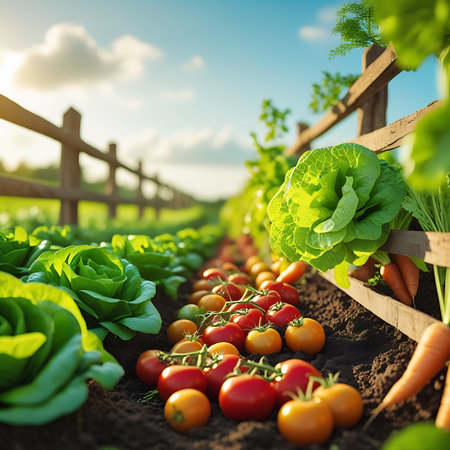 Scene. showing freshly harvested lettuce and tomatoes in a sunlit garden with carrots keywords: garden, fresh, vegetables, organic, lettuce, tomatoes, carrots, farming, agriculture, healthy eating, summer, produce, nature, growing, food, harvest, green, red, orange, outdoor, cultivation, ripe, homegrown, wooden fence description: a vibrant close-up shot of a garden bed filled with rows of crisp green lettuce, ripe red tomatoes, and bright orange carrots. the vegetables are bathed in warm...の素材