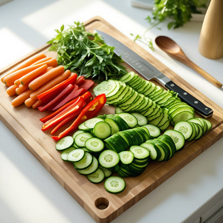 A wooden cutting board is filled with an assortment of freshly prepared vegetables. In the foreground, sliced cucumbers are arranged in neat piles. Behind them are sliced red bell peppers and whole baby carrots. A bunch of fresh green herbs, likely parsley or cilantro, sits at the top of the board. A chef's knife with a black handle rests on the board, ready for use. The scene is lit by natural light, casting shadows and highlighting the vibrant colors of the produce.の素材