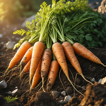 A bunch of freshly harvested carrots with vibrant green tops are nestled in dark, rich soil. The carrots are orange and have visible dirt clinging to them, indicating they were recently pulled from the ground. Sunlight illuminates the scene from the left, casting a warm glow.の素材