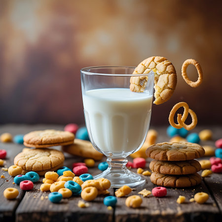 Sweet showing glass of milk with cookies and cereal rings on wooden table keywords: milk, cookies, cereal, breakfast, snack, sweet, dessert, food, beverage, dairy, crunchy, round, colorful, wooden, rustic, treat, delicious, morning, refreshment, baked, sweet treat description: a clear glass of milk stands on a rustic wooden surface, surrounded by various cookies and colorful cereal rings. one cookie is perched on the rim of the glass, with a few cereal rings floating in the air. the...の素材