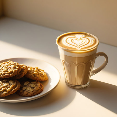 A clear glass coffee cup with a ribbed design holds a frothy coffee with delicate latte art. Next to the cup, a white plate is filled with several textured oatmeal cookies. The scene is bathed in warm, directional light, casting distinct shadows on the white surface.の素材