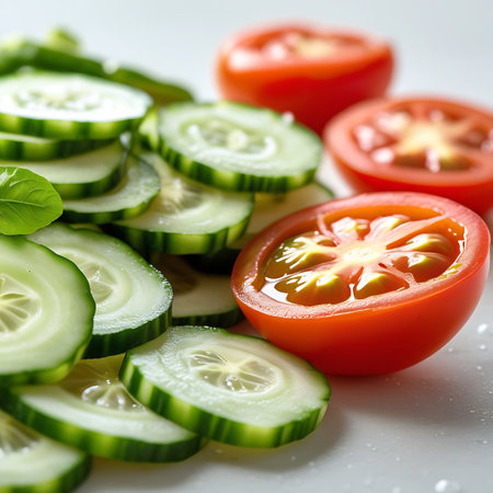 A close-up shot features a pile of thinly sliced cucumbers with their green skin and white flesh visible. To the right, two ripe red tomatoes are halved, revealing their juicy interiors and seeds. The arrangement is set against a clean white surface, with a few green leaves from a cucumber visible on the left.の素材
