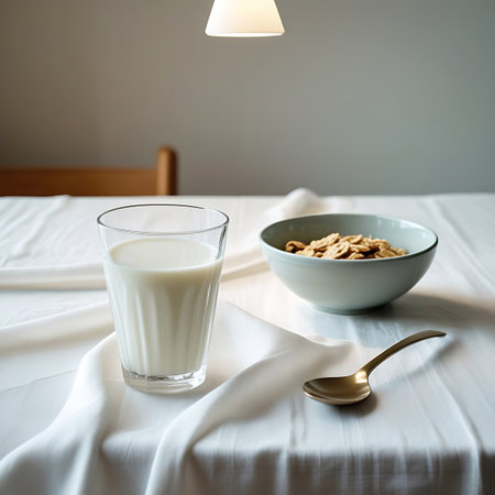 Grey showing glass of milk and bowl of cereal on table with spoon keywords: breakfast, milk, cereal, bowl, glass, spoon, table, white tablecloth, food, morning, healthy, nutrition, refreshment, light, still life, beverage, dairy, grain, meal, refreshment, drink description: a close-up shot shows a tall glass filled with white milk and a light blue bowl overflowing with golden brown cereal. a shiny brass spoon rests on the white tablecloth next to the bowl. the scene is lit from above by a...の素材