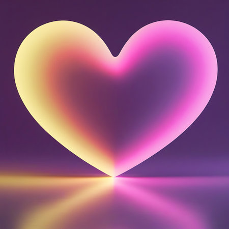 An abstract, digitally rendered heart shape glowing with a vibrant gradient of yellow and pink light. The heart is positioned against a deep purple background and casts a colorful reflection on a glossy surface below. The light emanates from the bottom center of the heart.の素材