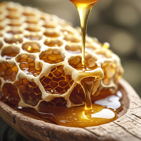 A close-up, macro shot focuses on a piece of natural honeycomb. Thick, golden honey is actively dripping from the hexagonal cells of the comb, forming a glistening pool on the rustic wooden surface below. The light catches the viscous liquid, highlighting its rich amber color and translucent quality. The intricate structure of the honeycomb is clearly visible, emphasizing the natural beauty of this sweet delicacy.の素材