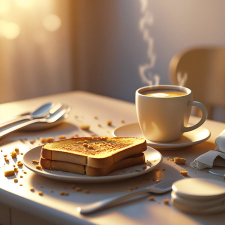 A warm and inviting breakfast scene is depicted in this image. Two slices of perfectly toasted bread are stacked on a white plate. A white cup of coffee, with visible steam rising, sits on its saucer. The entire scene is bathed in the soft, golden light of morning, creating a cozy ambiance. The table surface is lightly dusted with crumbs, and cutlery is arranged nearby, suggesting a peaceful start to the day.の素材