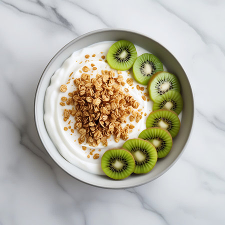 Eating showing healthy breakfast bowl with yogurt granola and kiwi fruit keywords: yogurt, granola, kiwi, fruit, breakfast, healthy, food, bowl, healthy eating, delicious, organic, snack, morning, nutrition, fresh, sweet, dairy, natural, sliced, overhead view, marble surface description: a white bowl is filled with white yogurt, with a central mound of golden granola. slices of fresh kiwi fruit, displaying their characteristic green color and black seeds, are arranged in a curved line along...の素材