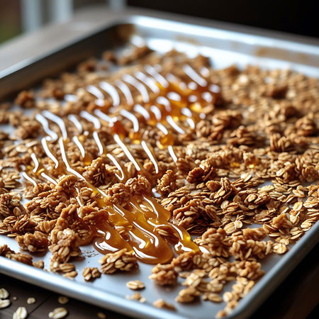 A close-up shot of freshly baked granola scattered across a metal baking sheet. Golden honey is artfully drizzled in wavy lines over the clusters of oats, nuts, and seeds. The texture of the granola is visible, showing its crunchy and wholesome composition. A few scattered oats and nuts are also visible on the wooden surface beneath the tray.の素材