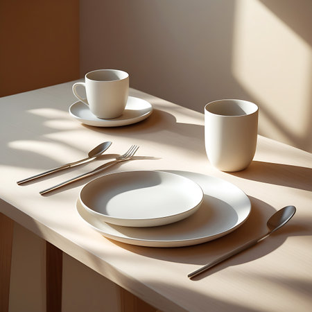 A minimalist table setting is presented with soft lighting and shadows. Two white plates, one stacked on another, are accompanied by a fork and spoon. A white cup sits on a saucer, and a taller white cup is placed nearby. The scene is set on a light-colored wooden table, emphasizing simplicity and elegance.の素材