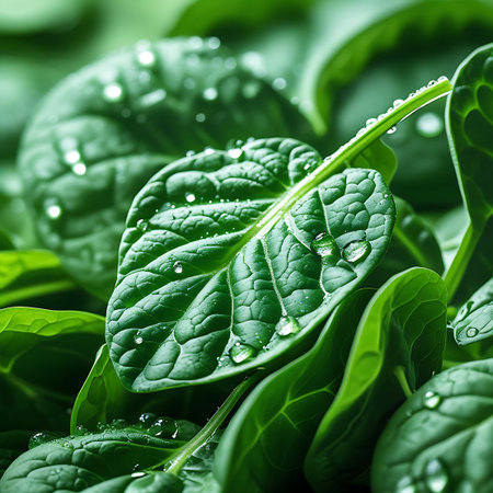 An extreme close-up shot of lush, deep green spinach leaves covered in sparkling water droplets. The texture of the leaves is emphasized by the water, which creates tiny, reflective spheres. The image conveys a sense of freshness and natural hydration.の素材