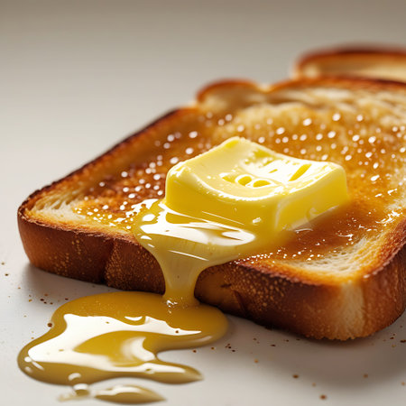 A close-up shot of golden brown toast with a pat of bright yellow butter melting and dripping down the side. Honey also pools on the toast and drips onto the surface below. The toast has a slightly crisp texture, and the butter is smooth and creamy. The image evokes a sense of warmth and deliciousness, perfect for breakfast or a snack.の素材