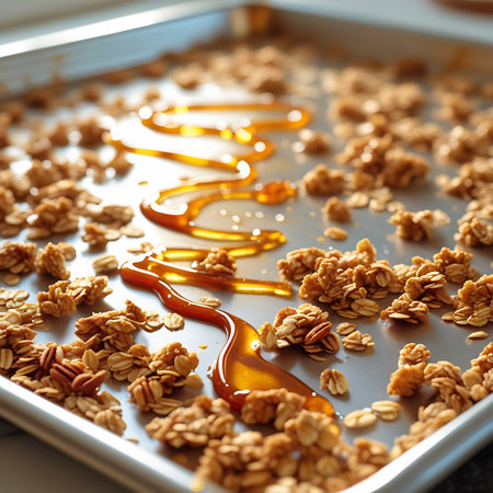 This image features a close-up perspective of homemade granola spread on a silver baking tray. The granola, containing oats, nuts, and possibly seeds, is generously drizzled with a rich, golden honey in a flowing pattern. Pecans are visible within the granola clusters, adding to its texture and appeal. The focus is on the appetizing look of the baked mixture.の素材
