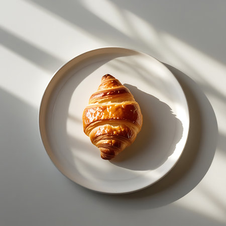 A single, golden-brown croissant is centered on a clean white plate. Dramatic diagonal shadows cast by sunlight fall across the plate and the background, creating a striking contrast. The croissant displays its characteristic flaky layers and a rich, appetizing sheen. The composition is minimalist, highlighting the texture and form of the pastry.の素材