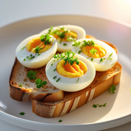 Four halves of hard-boiled eggs, with vibrant yellow yolks, are arranged on slices of toasted bread. Each egg half is sprinkled with fresh green parsley and finely chopped chives. The food is presented on a clean white plate, with a soft, bright light illuminating the scene. The background is a simple white, making the food the clear focus.の素材
