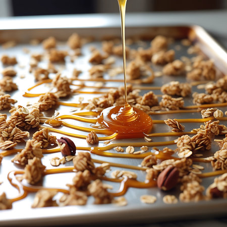 Close-up view of granola clusters scattered across a metal baking sheet. A stream of golden, viscous syrup is being drizzled over the granola, forming a pool in the center. Pecan halves are visible among the oat clusters. The shallow depth of field blurs the background, focusing attention on the texture and glistening syrup.の素材