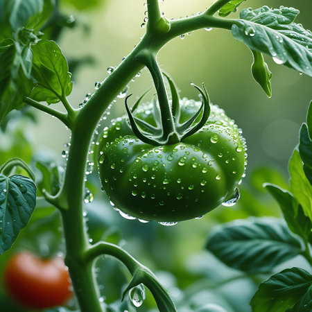 A close-up view of a single, unripe green tomato hanging from its vine, heavily adorned with glistening water droplets. The surrounding leaves and stem are also covered in dew, suggesting a recent watering or morning mist. The background is softly blurred, highlighting the vibrant green of the tomato and foliage.の素材