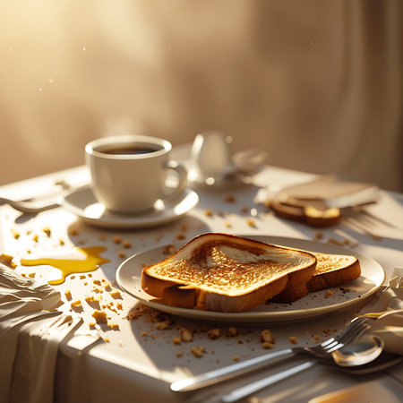 A close-up shot of a breakfast scene bathed in warm morning sunlight. Two slices of golden-brown toast sit on a white plate, with scattered crumbs around them. A white cup of dark coffee rests on a saucer, and a small pool of spilled honey glistens on the tablecloth. Utensils, including a fork and spoon, are laid out on the table, suggesting a meal in progress. The soft lighting creates a cozy and inviting atmosphere.の素材
