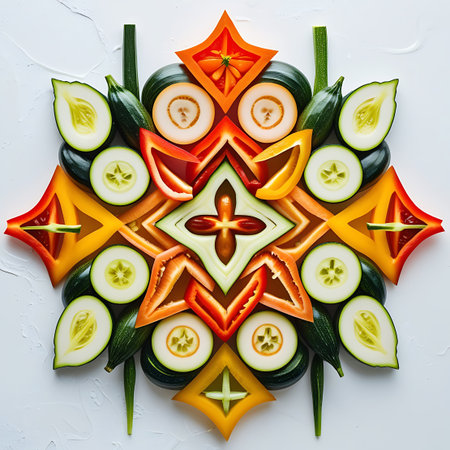 Sliced showing intricate geometric vegetable mandala on white background keywords: vegetables, mandala, geometric, symmetrical, art, food art, cucumber, bell pepper, zucchini, carrot, healthy, creative, arrangement, pattern, organic, fresh, colorful, design, abstract, culinary, decoration description: a symmetrical, mandala-like arrangement of sliced and whole vegetables on a textured white surface. slices of cucumber and zucchini form circular patterns, interspersed with wedges of red and...の素材