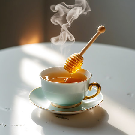 A light blue ceramic teacup with a gold rim and handle rests on a matching saucer. A wooden honey dipper, with its characteristic grooves, is submerged in the hot, amber liquid. Delicate tendrils of steam curl upwards from the tea, caught in the warm light.の素材