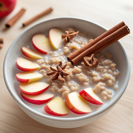 A bowl of oatmeal is garnished with fanned red apple slices, two cinnamon sticks, and star anise. The oatmeal appears creamy and warm. The apple slices are bright red and white. The cinnamon sticks are a rich brown. The star anise adds a decorative touch. The bowl sits on a light wooden surface, with additional cinnamon sticks and an apple visible in the blurred background.の素材