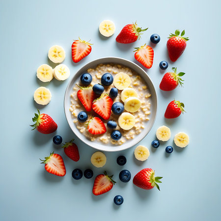 A close-up overhead view of a bowl of creamy oatmeal, generously topped with fresh, ripe strawberries, plump blueberries, and perfectly sliced bananas. The vibrant red of the strawberries, the deep blue of the blueberries, and the pale yellow of the banana slices create a visually appealing contrast against the light brown oatmeal. Scattered around the bowl are more individual pieces of fruit, adding to the abundant and healthy presentation of this breakfast staple.の素材