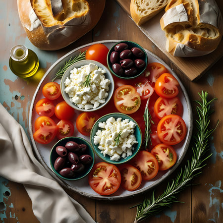 An overhead view of a rustic wooden table displays a variety of Mediterranean ingredients. A large platter holds sliced tomatoes, bowls of feta cheese, and olives, all garnished with rosemary. A bottle of olive oil and two loaves of bread are also present, along with a draped cloth.の素材