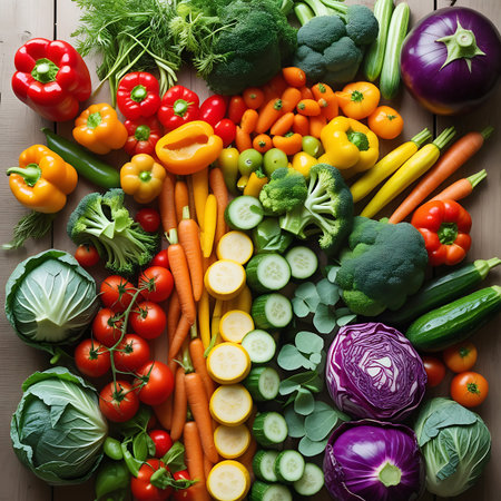 Food. showing overhead view of abundant fresh vegetables on wooden surface keywords: vegetables, overhead, fresh, produce, healthy, organic, peppers, bell peppers, red, yellow, orange, broccoli, carrots, cucumbers, eggplant, cabbage, red cabbage, zucchini, squash, tomatoes, food, raw, ingredients, salad, nutrition, assortment, variety description: an overhead view showcases a plentiful spread of fresh vegetables arranged on a wooden surface. a wide variety of produce is visible, including...の素材