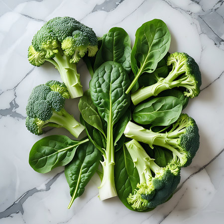 An overhead shot presents a cluster of fresh green vegetables on a white marble background. Multiple broccoli florets, showcasing their dense, tree-like structure, are nestled amongst a bed of large, smooth spinach leaves. The arrangement emphasizes the natural beauty and freshness of the produce.の素材