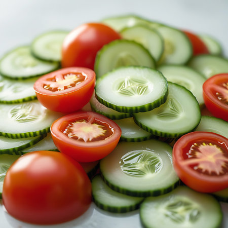 An overhead view of a generous pile of sliced cucumbers and halved cherry tomatoes. The fresh, crisp green of the cucumber slices is interspersed with the bright red of the halved cherry tomatoes, showcasing their textures and colors. This arrangement suggests preparation for a healthy salad or meal.の素材