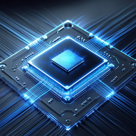 This image showcases a central computer processor microchip on a dark circuit board, emitting a vibrant blue light. The light emanates outwards in a radiant pattern, suggesting energy flow and powerful processing capabilities. The detailed circuitry and the glowing effect create a futuristic and dynamic visual.の素材