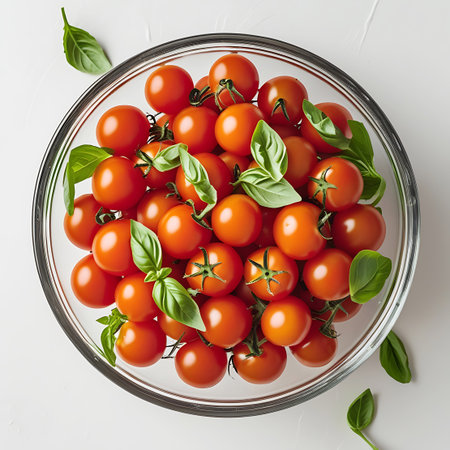 This image presents a top-down view of a glass bowl filled with numerous ripe cherry tomatoes. Fresh green basil leaves are artfully placed among the tomatoes, adding a touch of color and freshness. The composition emphasizes the natural appeal of the ingredients.の素材