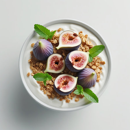 Generous showing overhead view of yogurt bowl with figs granola and mint keywords: figs, purple figs, halved figs, granola, yogurt, bowl, mint leaves, fresh, healthy, breakfast, food, fruit, berries, natural, organic, wholesome, sweet, dessert, snack, ingredient, overhead, top view description: an overhead view of a white bowl filled with creamy yogurt and topped with a generous portion of granola. whole and halved purple figs are scattered across the granola, their rich color contrasting...の素材