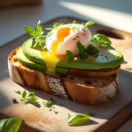 A detailed view of a single slice of toasted bread adorned with ripe avocado slices and a beautifully poached egg. The egg's yolk is in the process of breaking, with a rich orange liquid elegantly drizzling down onto the avocado and toast. Sprigs of fresh green herbs, such as basil and microgreens, are scattered across the dish, enhancing its visual appeal. The toast is placed on a textured wooden board, with soft sunlight creating a warm and inviting atmosphere.の素材
