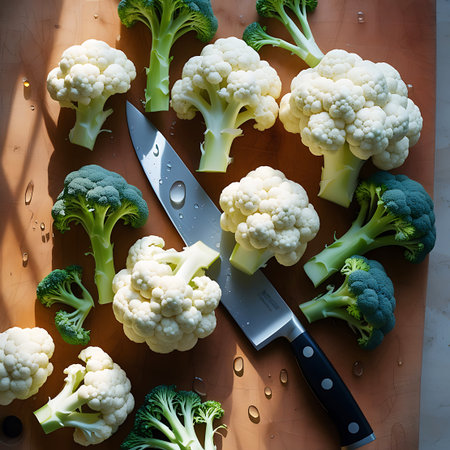 An overhead view showcases an arrangement of green broccoli florets and white cauliflower florets on a wooden cutting board. A chef's knife with a black handle is placed centrally, with water droplets scattered across the vegetables and the knife blade. The lighting is bright, emphasizing the fresh textures and vibrant colors of the produce, suggesting an active food preparation scene.の素材