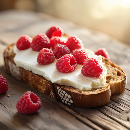 This image features a slice of rustic bread topped with a thick layer of white cream cheese and adorned with plump, red raspberries. A few loose raspberries are scattered on the weathered wooden surface. The lighting creates a soft glow, highlighting the textures of the food and the wood.の素材
