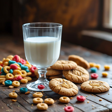 A glass of white milk is placed on a wooden table. A large pile of colorful cereal rings in red, yellow, and blue is situated to the left of the glass. Several cookies are scattered around the milk and cereal.の素材