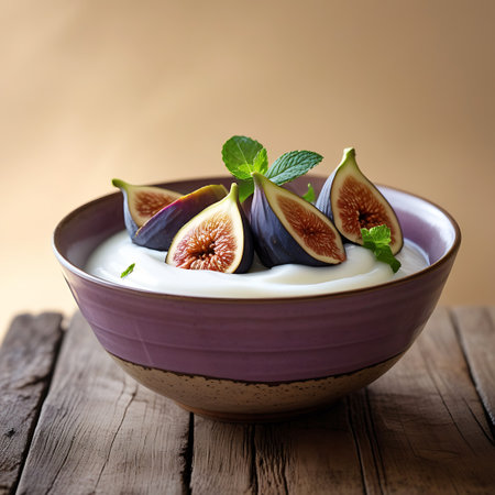 A vibrant purple and tan ceramic bowl contains a swirl of thick, white yogurt. Halved fresh figs, with their characteristic dark skin and red, seedy flesh, are arranged on the yogurt. A fresh mint leaf is positioned as a garnish. The bowl rests on a rustic wooden surface, with a warm, out-of-focus background.の素材