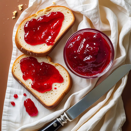 Suggesting showing slices of bread with red jam and a jar of jam keywords: bread, toast, jam, jelly, fruit spread, breakfast, food, sweet, spread, red jam, jar, knife, white cloth, crumbs, top view, close up, delicious, homemade, spreadable, fruit preserve, morning meal description: overhead view of two slices of white bread generously spread with vibrant red jam. a glass jar filled with the same red jam sits next to the bread, accompanied by a serrated knife with a black handle. the scene...の素材