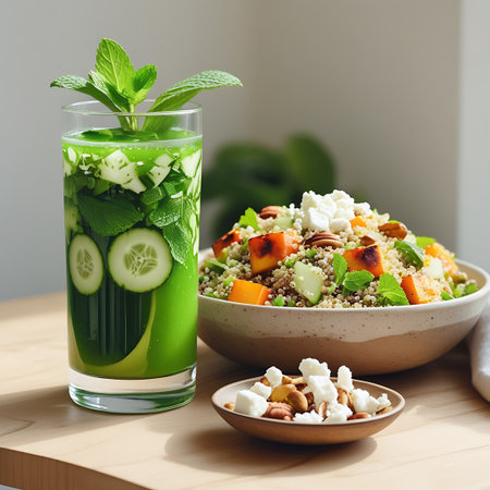 A tall glass filled with a bright green smoothie, featuring cucumber slices and mint sprigs, is positioned next to a bowl of quinoa salad. The salad contains quinoa, roasted pumpkin, feta cheese, and various nuts. The composition is set on a wooden surface, with soft light highlighting the fresh ingredients and textures.の素材