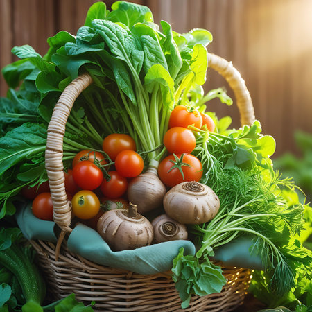 Light showing rustic wicker basket filled with fresh vegetables and greens keywords: fresh vegetables, garden produce, wicker basket, tomatoes, root vegetables, leafy greens, bok choy, dill, herbs, healthy eating, organic food, farm fresh, natural light, sunlight, wooden fence, rustic, wholesome, ingredients, raw food, harvest bounty, green vegetables, red tomatoes description: a detailed view of a rustic wicker basket overflowing with a colorful assortment of fresh vegetables and herbs....の素材
